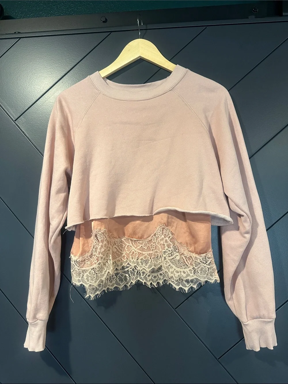 Zara Blush Pink Layered Lace-Trim Cropped Sweatshirt